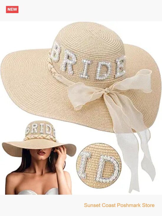Wide Brim Straw Floppy Sun Hat with Pearl Letter Patch for Beach Wedding main image 4